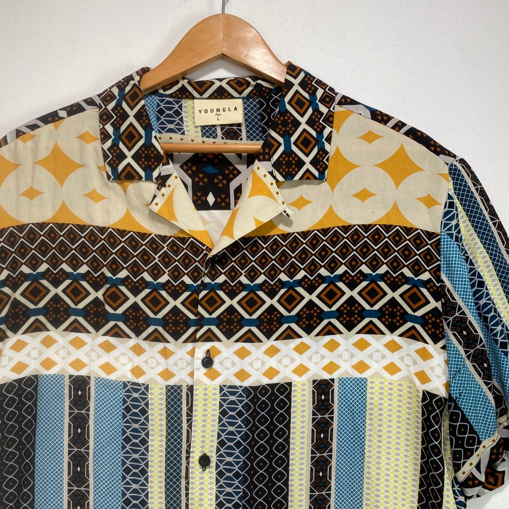 YoungLA Mens Model 445 Geometric Tribal Print Viscose Short Sleeve Shirt Large L